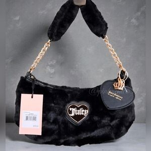 Juicy Couture Warm Up Black Faux Fur Bag with Gold Chain Shoulder Bag Purse